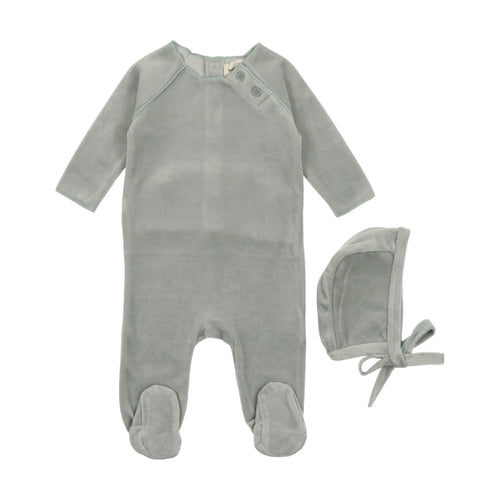 Mema Knits Velour Button Footie + Bonnet - Powder Blue