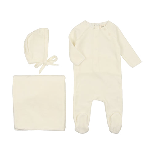 Mema Knits Velour Button 3PC Set - Cream