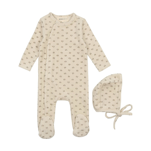 Mema Knits Floral Bud Footie + Bonnet - Printed Blue