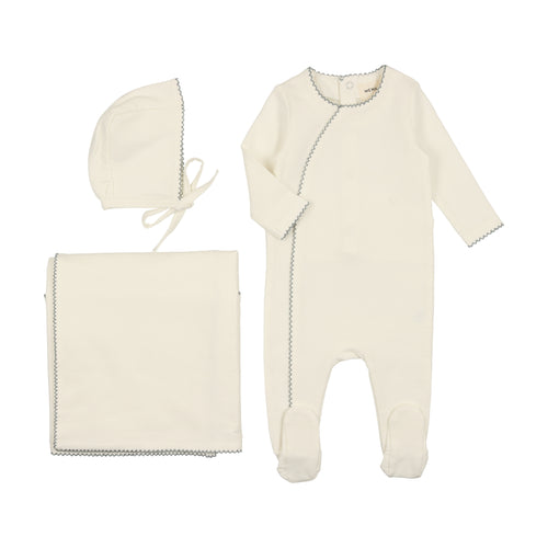 Mema Knits Metallic Piped Edge 3PC Set - Cream/Blue
