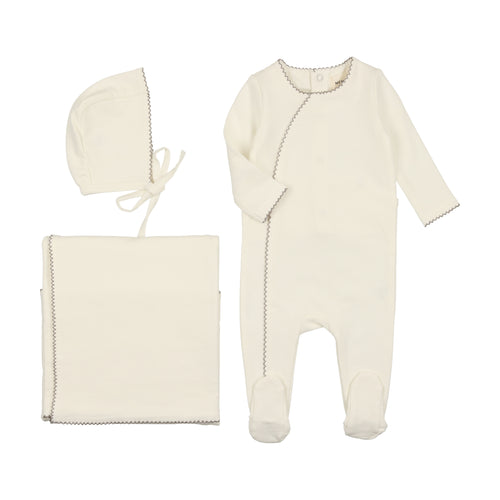 Mema Knits Metallic Piped Edge 3PC Set - Cream/Taupe