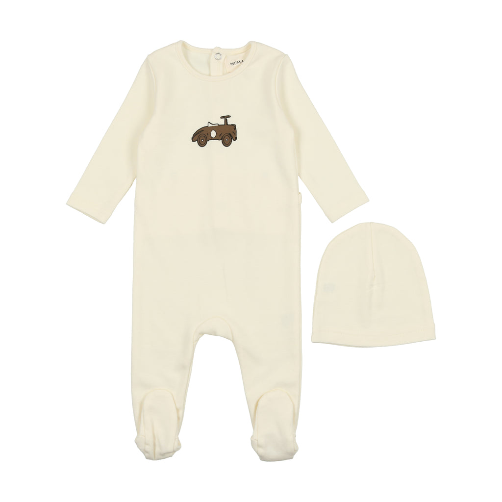 Mema Knits Car Footie + Beanie - Cream/Brown