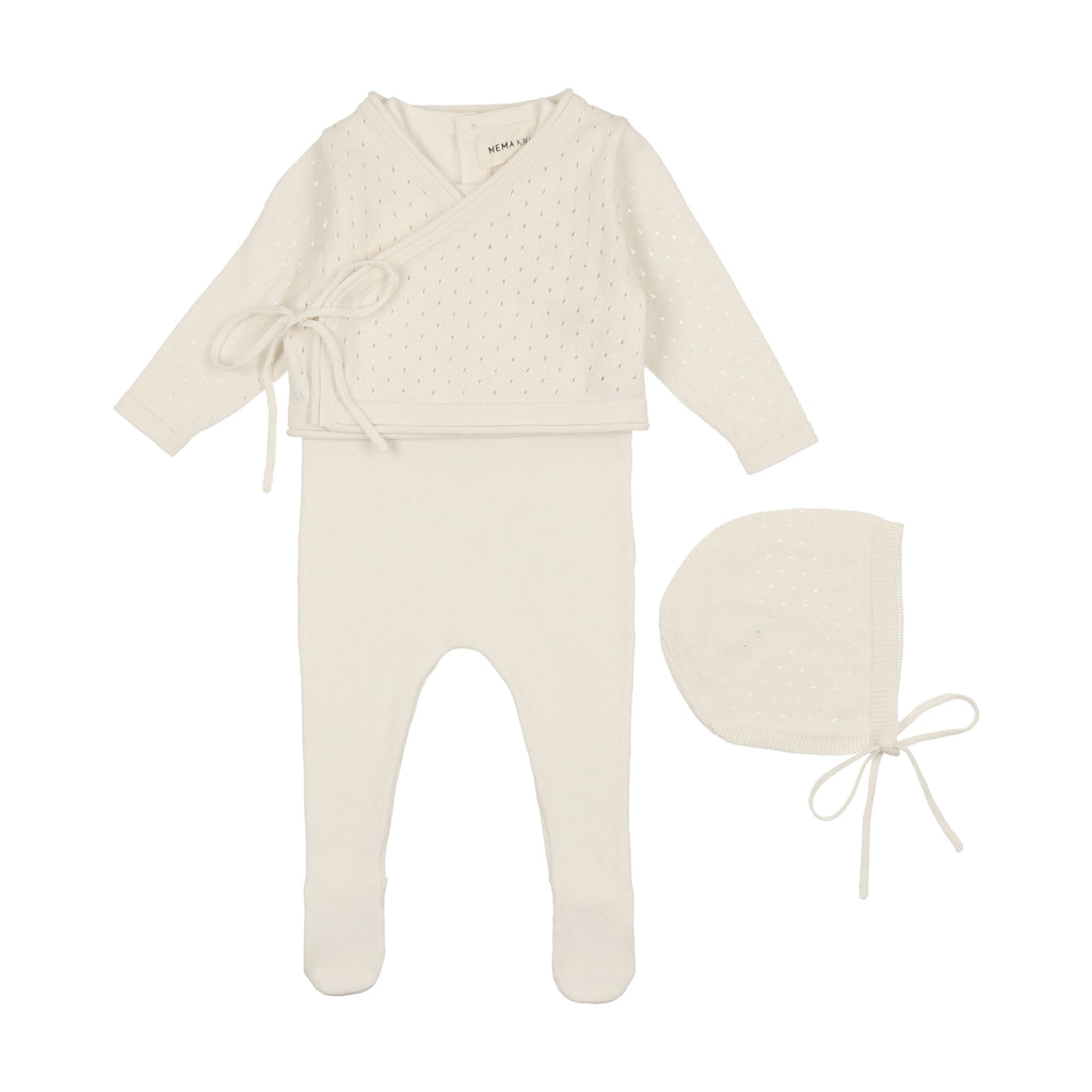 Mema Knits Knit Footie with Cropped Cardigan + Bonnet - Winter White