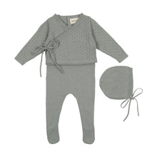 Load image into Gallery viewer, Mema Knits Knit Footie with Cropped Cardigan + Bonnet - Powder Blue