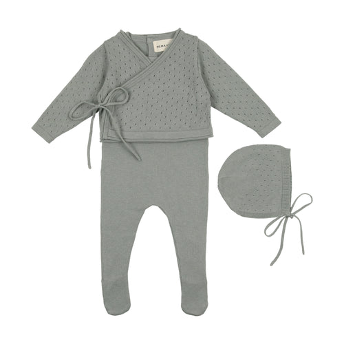 Mema Knits Knit Footie with Cropped Cardigan + Bonnet - Powder Blue