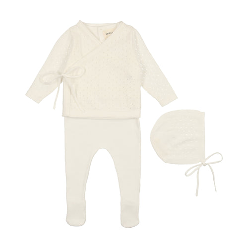 Mema Knits Knit Pointelle Wrap Two Piece Set + Bonnet - Winter White
