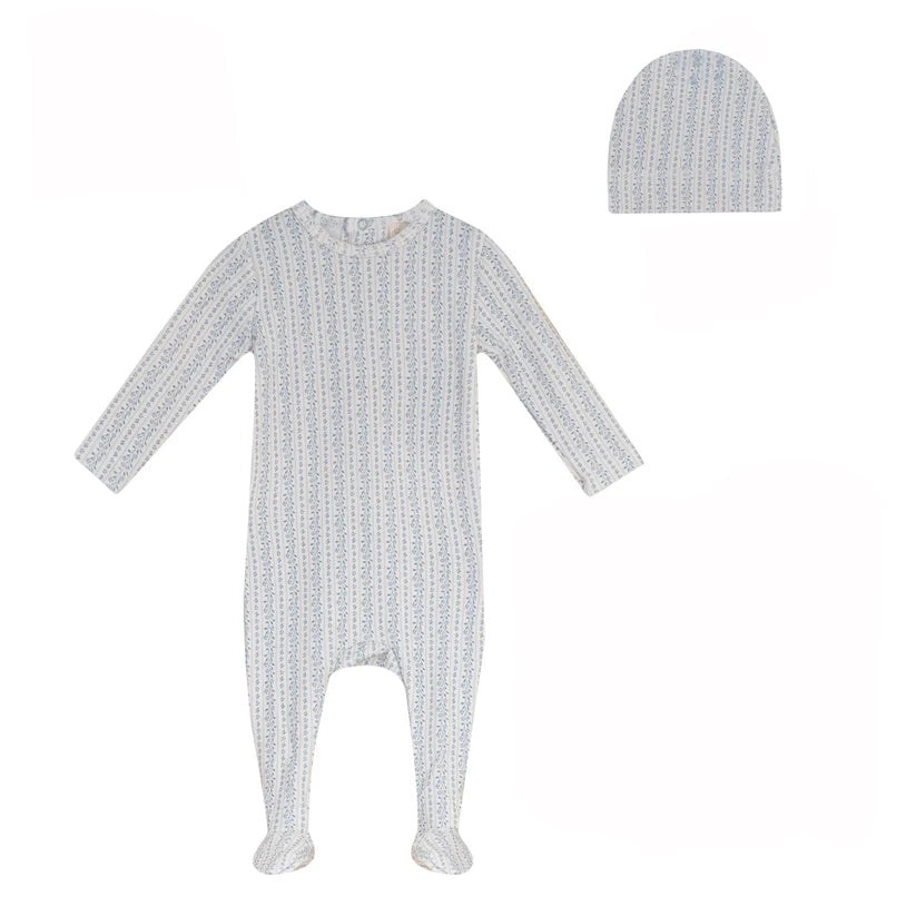 Bubani Printed Collection Cotton Footie And Hat - Blue