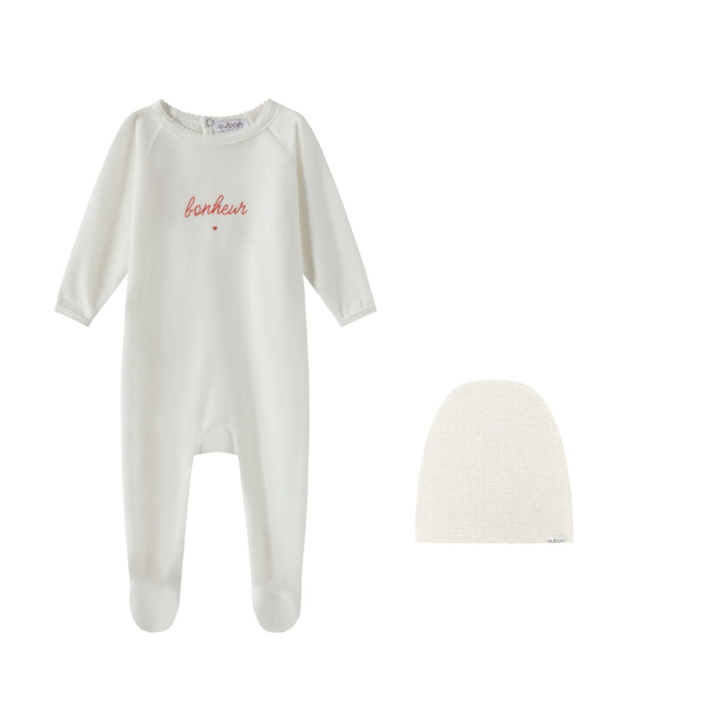 Oubon White Velour Bon Huer Print Footie And Hat