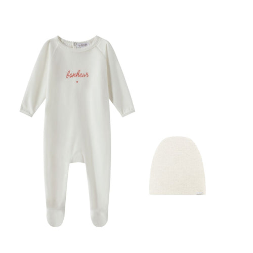 Oubon White Velour Bon Huer Print Footie And Hat