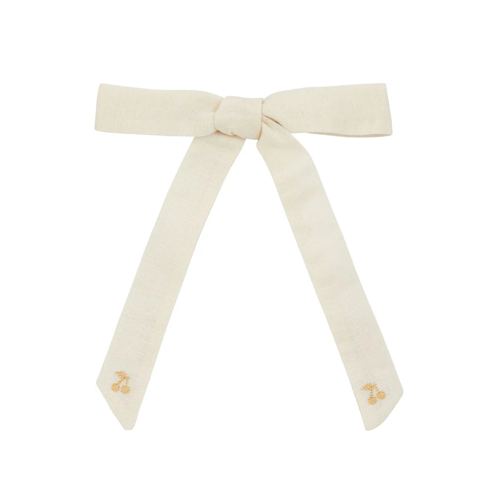 Le Enfant Gold Thread Cherry Embroidered Bow - Cream