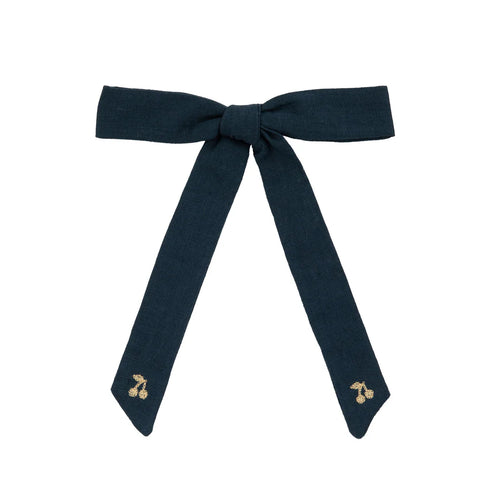 Le Enfant Gold Thread Cherry Embroidered Bow - Navy