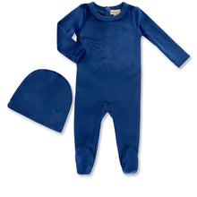 Load image into Gallery viewer, Little Label Velour Embroidered Footie &amp; Hat Set - Boys - Blue