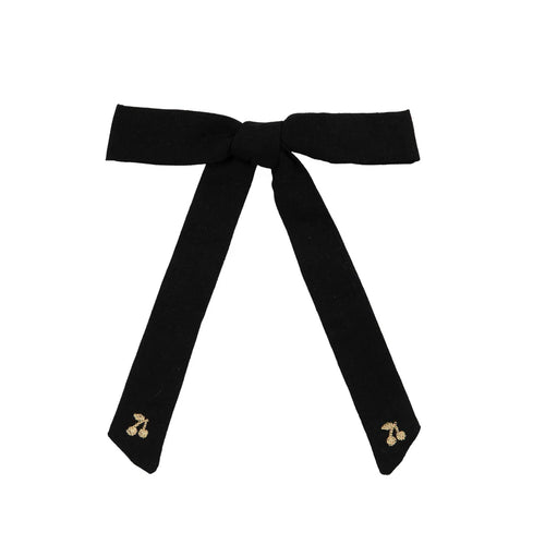 Le Enfant Gold Thread Cherry Embroidered Bow - Black