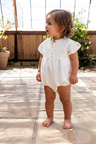 Orange Dimanche Off-White Linen Romper With Embroidery