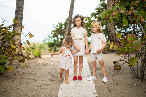 Coco Blanc Crew Neck Tee (3/4 sleeve) - Cream W/ Red