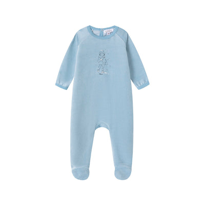 Oubon Boy In Snow Print Velour Footie - Blue