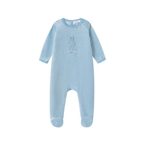 Oubon Boy In Snow Print Velour Footie - Blue