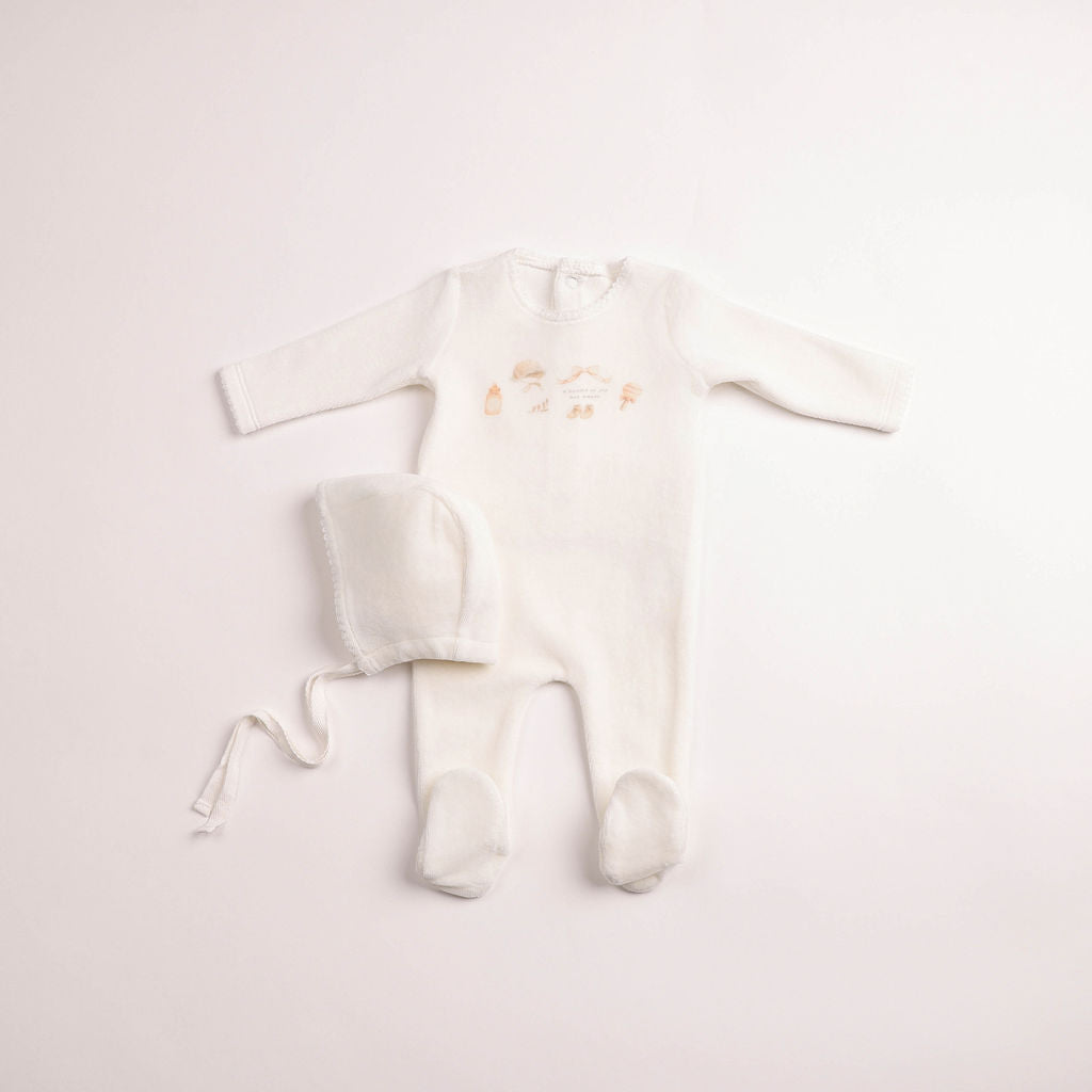 Bee & Dee Girls All Things Baby Velour Footie And Bonnet - Chalk White