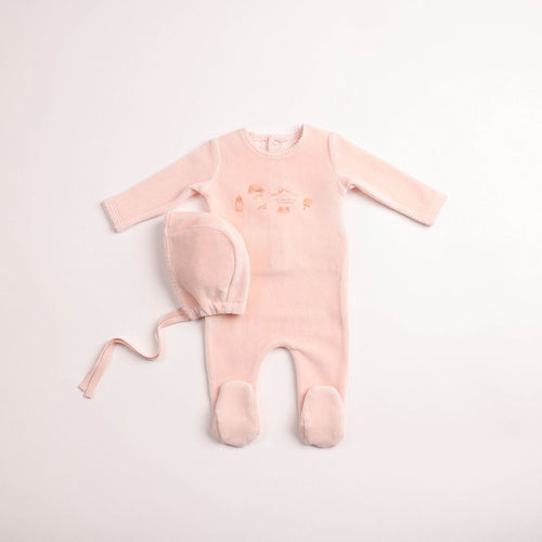 Bee & Dee All Things Baby Velour Footie And Bonnet - Sand Pink