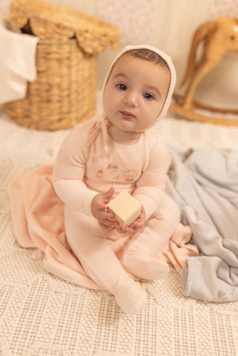 Bee & Dee All Things Baby Velour Footie And Bonnet - Sand Pink