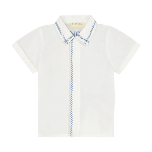 Retro Kid Collar Shirt With Trim - White/Blue