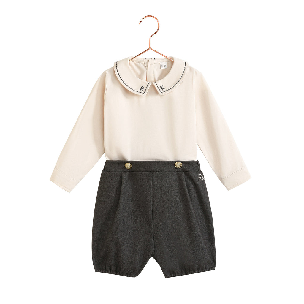 Retro Kid Arthur Baby Boy Button Up Set - Grey/Cream