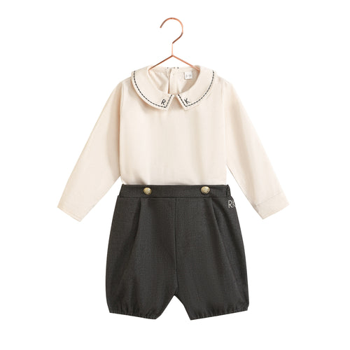 Retro Kid Arthur Baby Boy Button Up Set - Grey/Cream