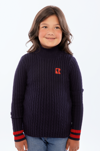 Retro Kid Aspen Cable Knit Turtleneck Sweater- Navy