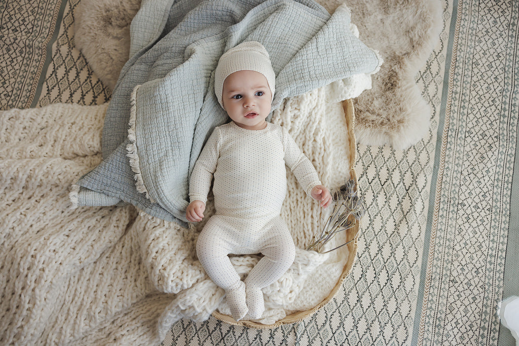 Lilette Dotted Footie And Hat - Cream/Blue