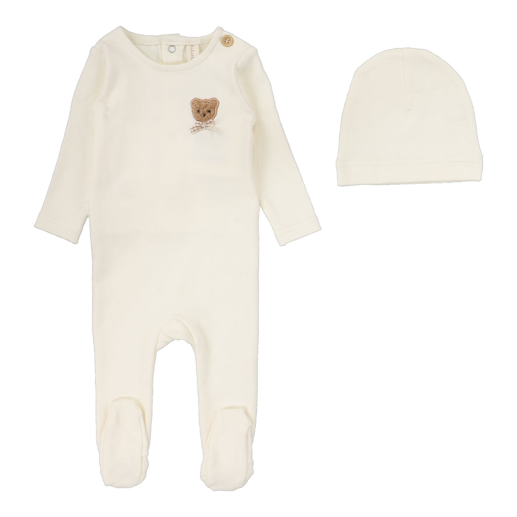 Lilette Bear Applique Footie And Hat - Cream