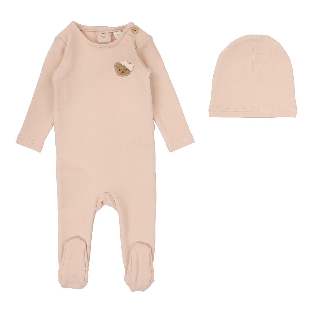 Lilette Bear Applique Footie And Hat - Dusty Pink