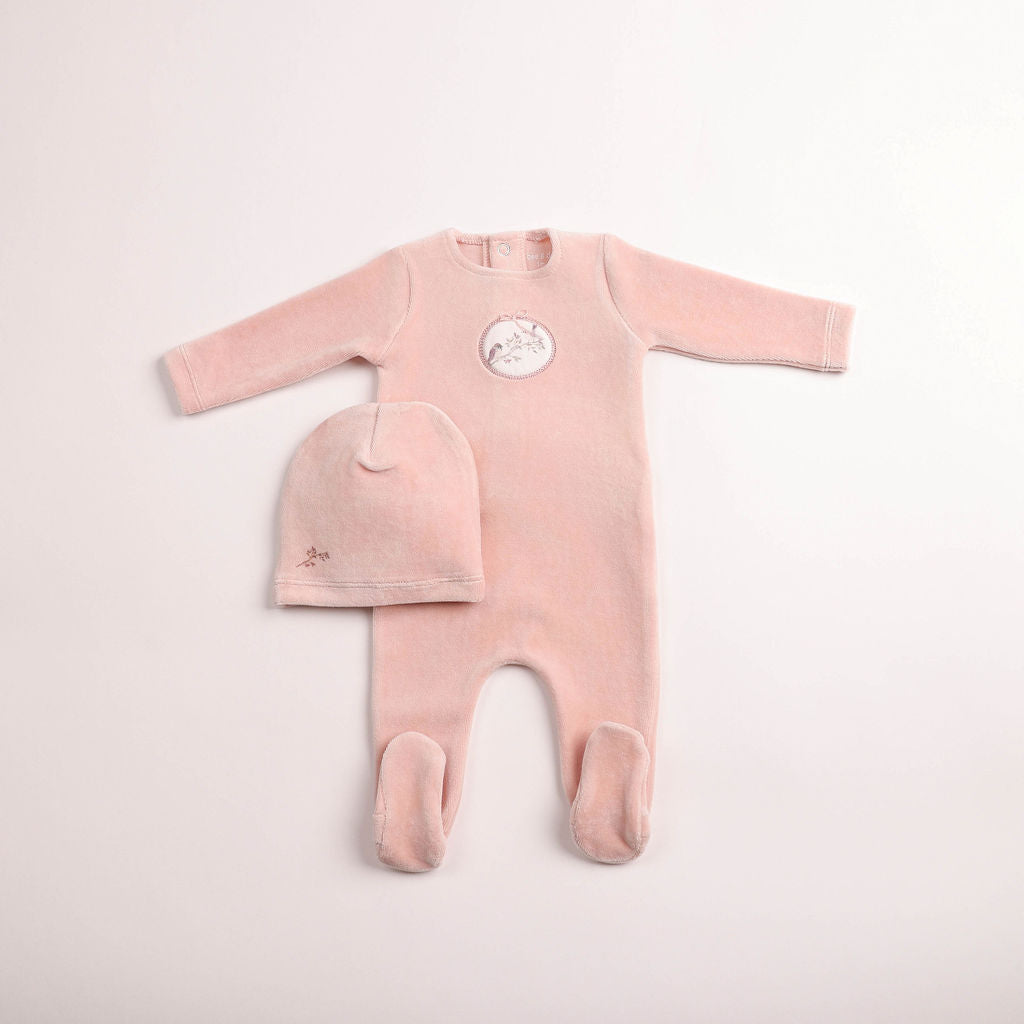 Bee & Dee Birdie Branch Velour Footie And Beanie - Dusty Pink