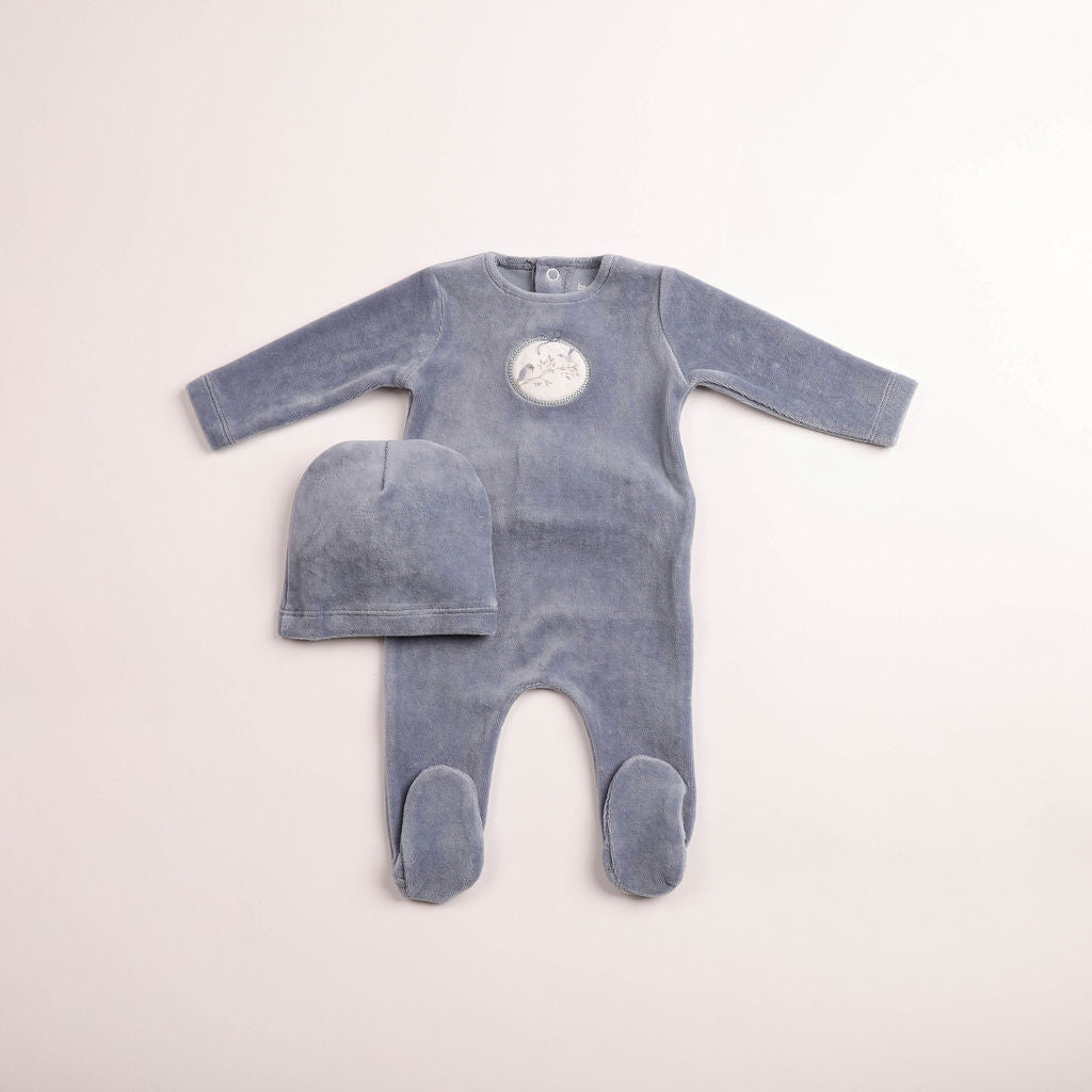 Bee & Dee Birdie Branch Velour Footie And Beanie - Indigo