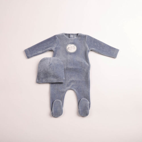 Bee & Dee Birdie Branch Velour Footie And Beanie - Indigo