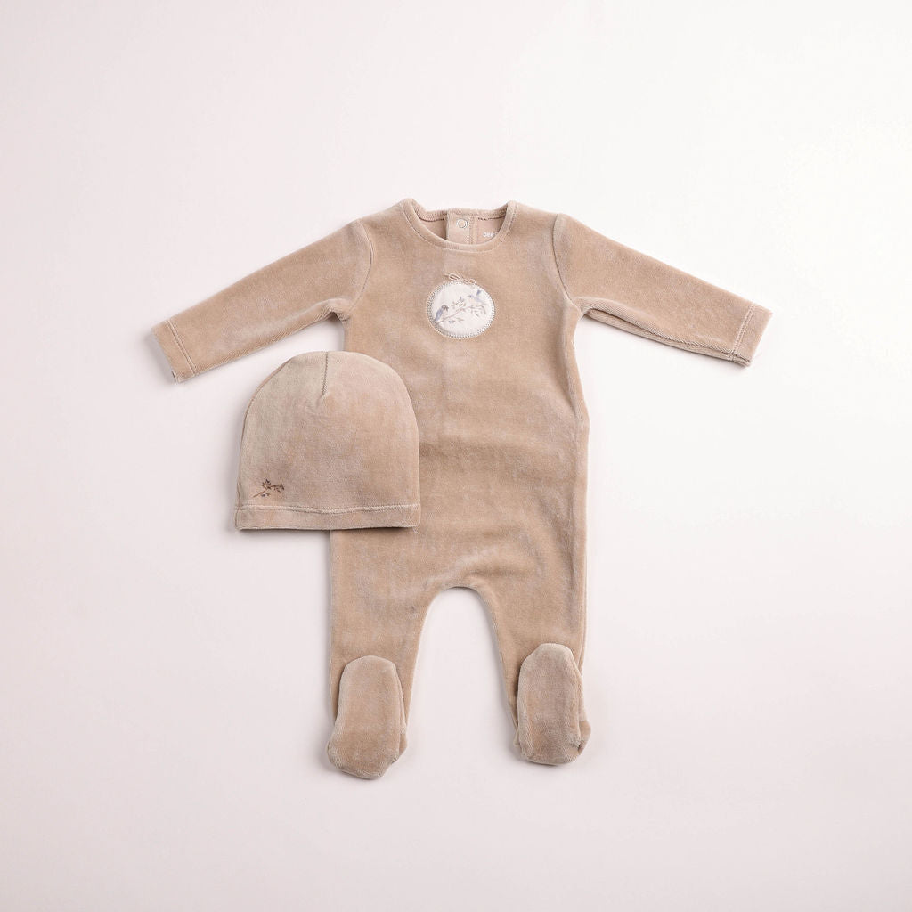 Bee & Dee Birdie Branch Velour Footie And Beanie - Oat