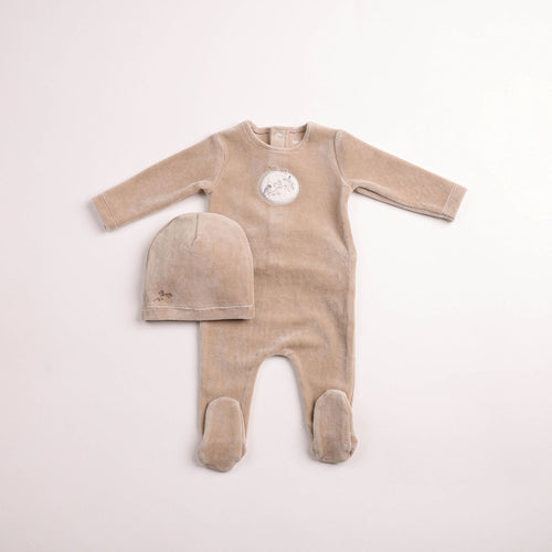 Bee & Dee Birdie Branch Velour Footie And Beanie - Oat