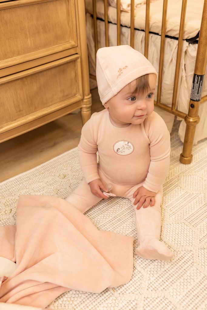 Bee & Dee Birdie Branch Velour Footie And Beanie - Dusty Pink