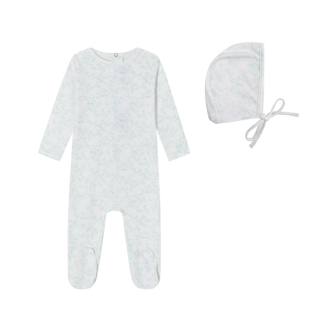 Mini Label Blue Bird Toile Print Footie And Bonnet