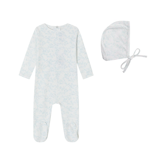 Mini Label Blue Bird Toile Print Footie And Bonnet