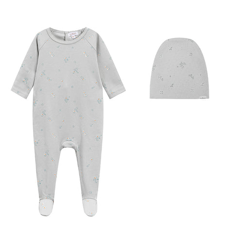 Oubon Floral Footie with Hat - Blue