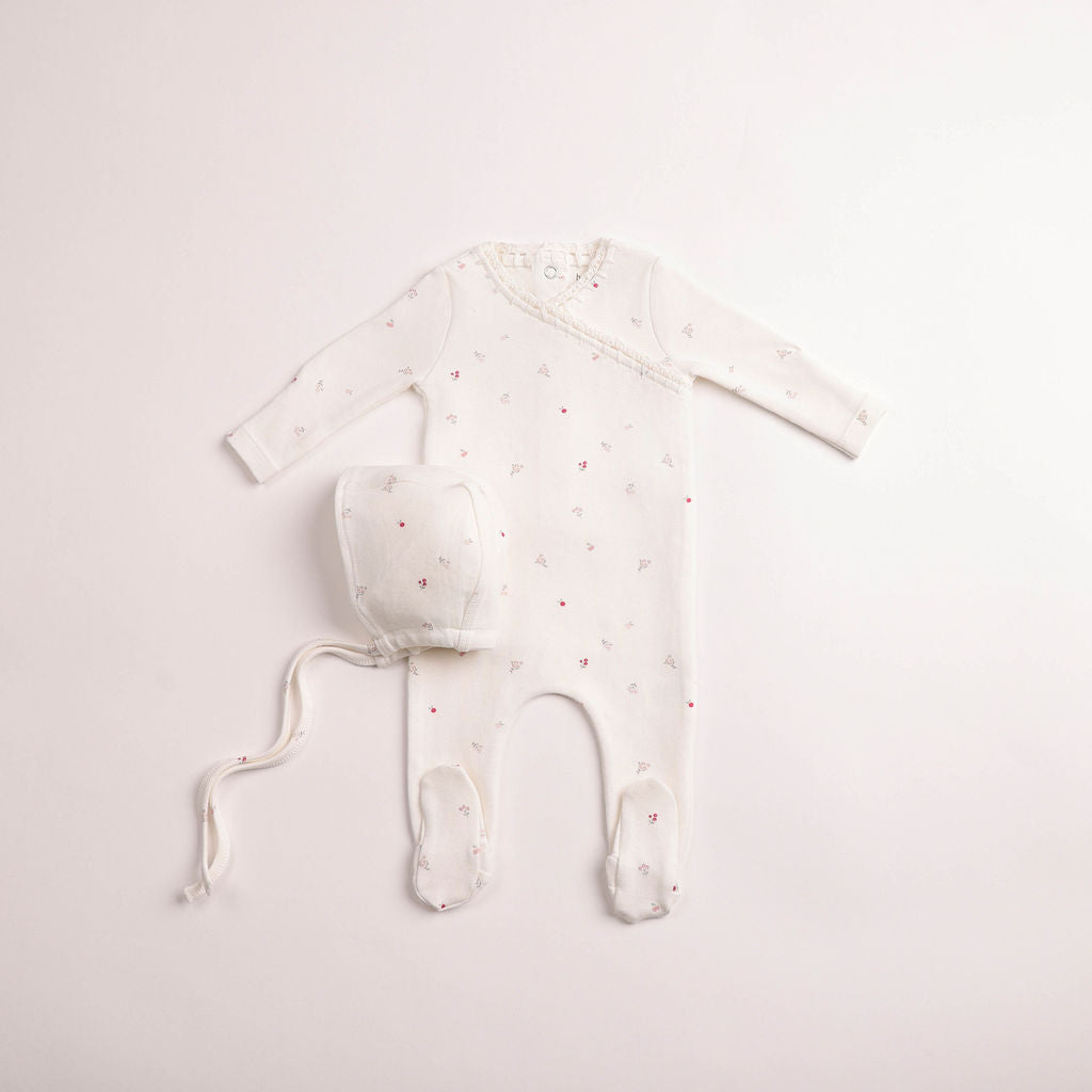Bee & Dee Girls Boutique Delicata Floral Footie And Bonnet - Linen/Chalk