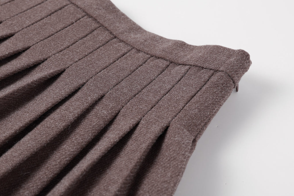 NouNelle Brown Scallop Cardigan, Pinstripe Shirt And Pleated Skirt Set