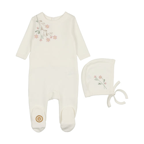 Mon Tresor Budding Blossoms Girls Footie & Bonnet - Ivory & Pink