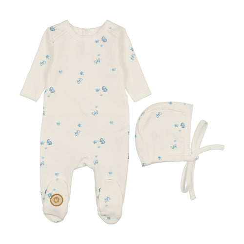 Mon Tresor Butterfly Bliss Footie & Bonnet - Ivory & Blue