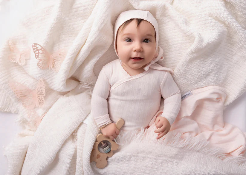 Mini Label Pointelle Butterfly Wrapover Footie And Hat - Pink