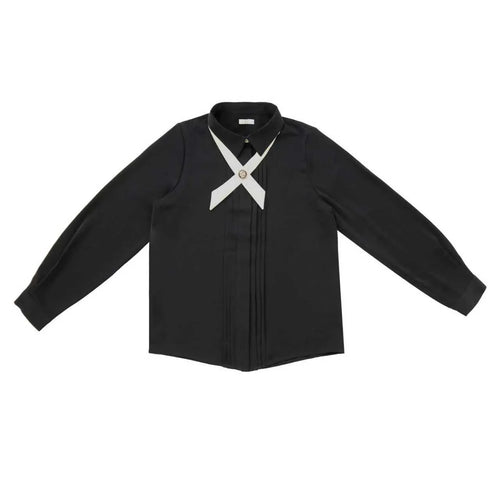 Coco Blanc Front Pleat Blouse With Cream Collar And Velvet Criss Cross
