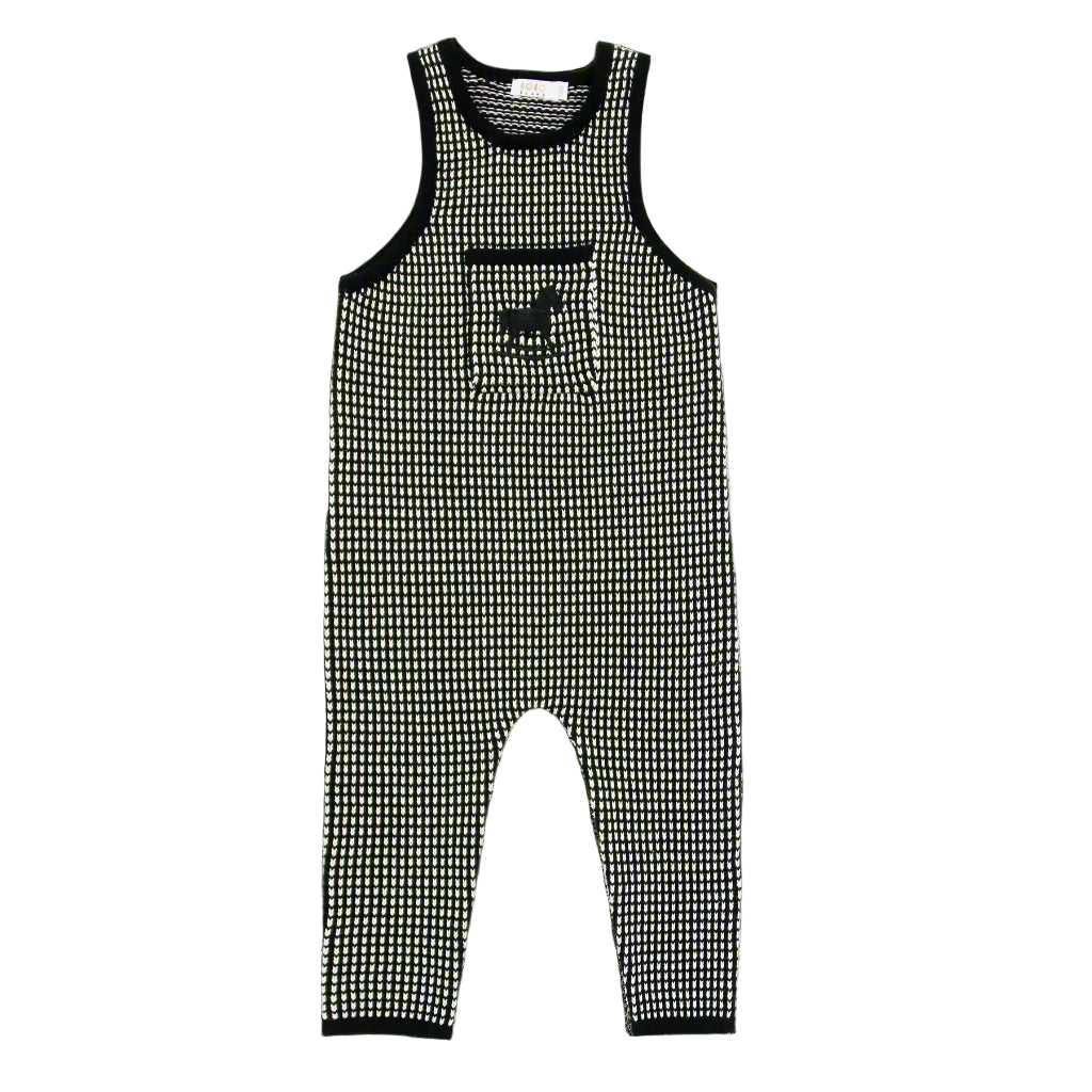 Coco Blanc Long Knit Romper With Black Embroidered Rocking Horse On Pocket - Black/White