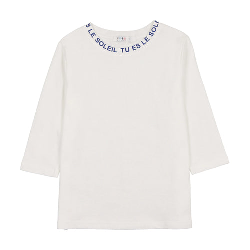 Coco Blanc  Crew Neck Tee (3/4 sleeve) - White W/ Blue