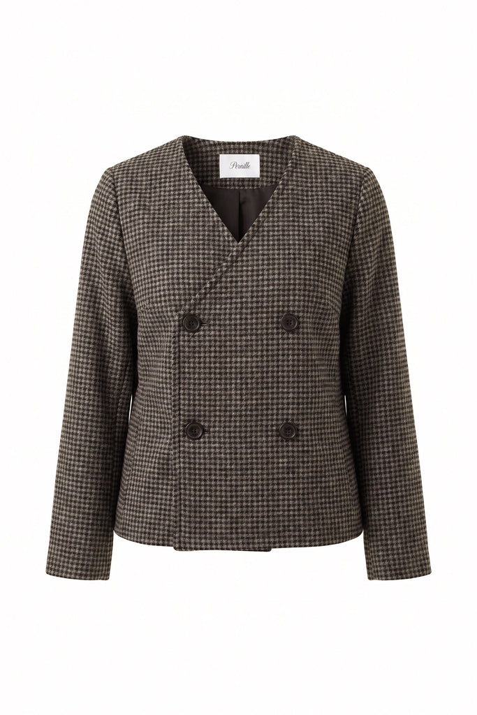 Pernille Houndstooth Collarless Jacket - Black/Brown