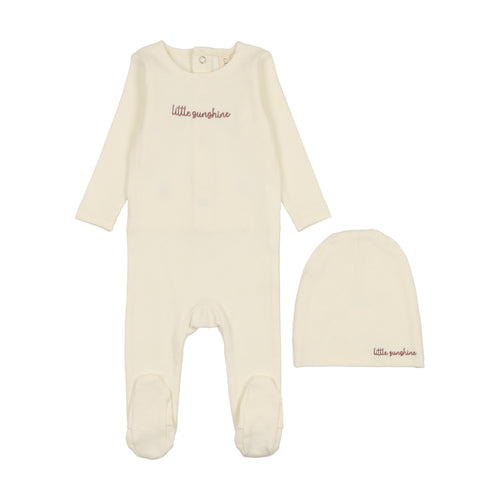 Lilette Cotton Word Footie & Beanie - Milk/Pink
